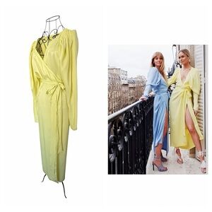 ROTATE Birger Christensen Satin Wrap Maxi Dress Elfin Yellow DK34 / US4